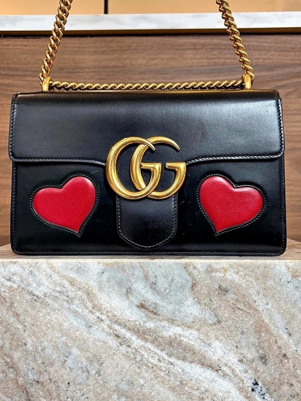 Gucci GG Marmont Heart Patchwork Chain Shoulder Bag Black & Red